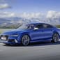 blue audi rs7 sportback performance front three quarters on road