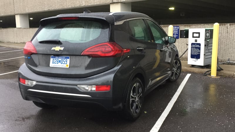 2017 Chevrolet Bolt EV charging at a DC fast charger at the University of Toledo