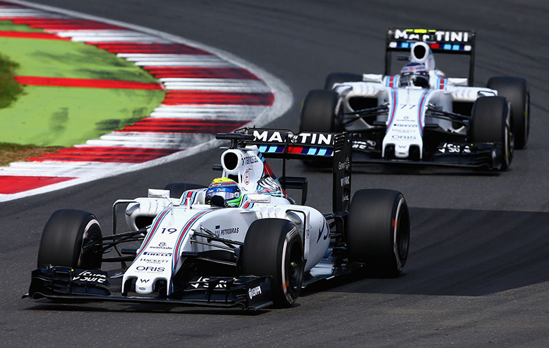 Felipe Massa leads teammate Valtteri Bottas at the 2015 British Grand Prix.