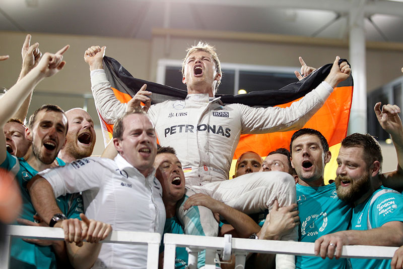  Mercedes' Formula One driver Nico Rosberg of Germany celebrates after he secures his Formula One 2016 Drivers' World Championship.