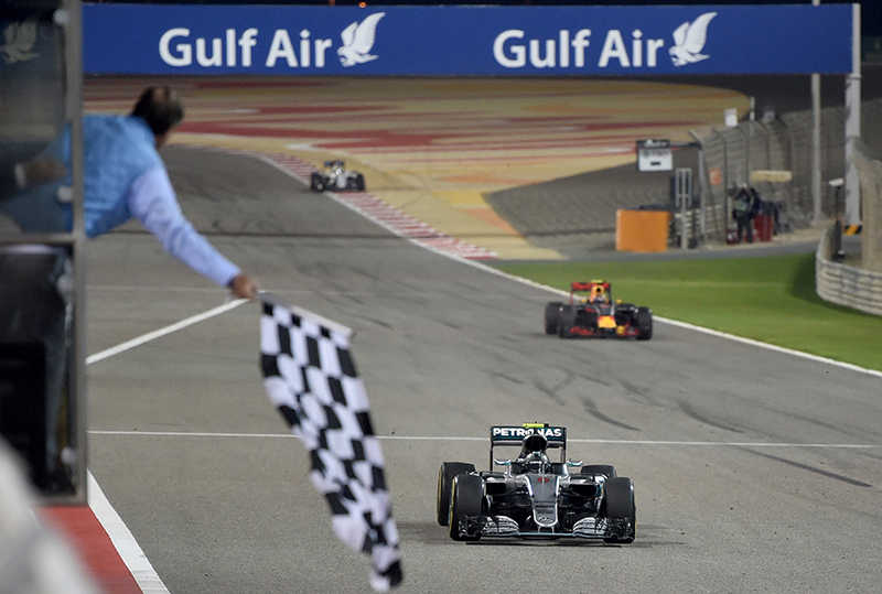Nico Rosberg about to take the checkered flag at the 2016 Bahrain Grand Prix.