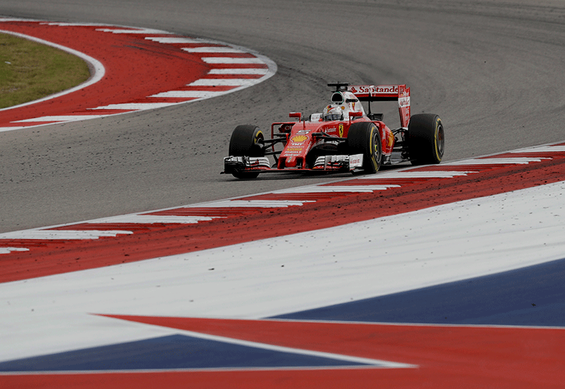 Ferrari driver Sebastian Vettel, of Germany, steers his car during the Formula One U.S. Grand Prix auto race at the Circuit of the Americas, Sunday, Oct. 23, 2016, in Austin, Texas