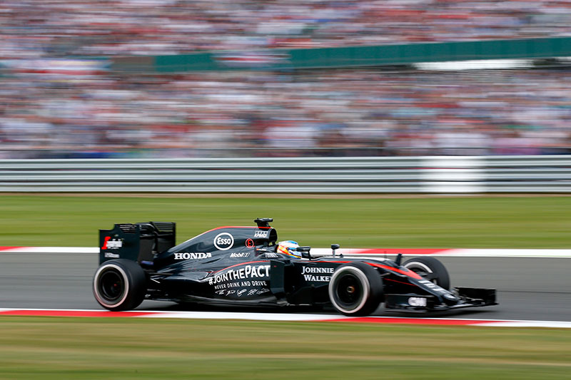 Fernando Alonso drives during the 2015 British F1 Grand Prix.