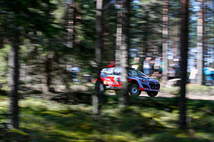 The Hyundai i20 WRC in competition at the Neste Oil Rally Finland.