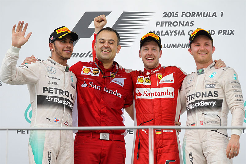 The winner's podium at the 2015 Malaysian F1 Grand Prix.