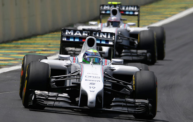 Williams driver Felipe Massa leads teammate Valtteri Bottas at the 2014 Brazilian F1 Grand Prix.