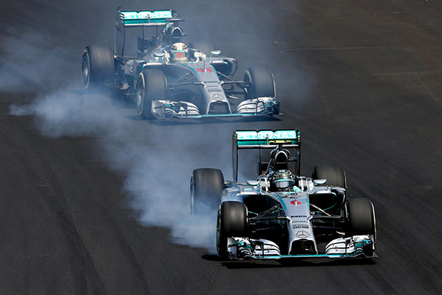 Nico Rosberg leads Lewis Hamilton at the 2014 Brazilian F1 Grand Prix.