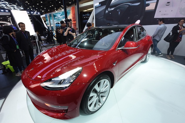 BEIJING, CHINA - APRIL 25: A Tesla Model 3 car is on display during the Auto China 2018 at China International Exhibition Center on April 25, 2018 in Beijing, China. Auto China 2018, also known as 2018 Beijing International Automotive Exhibition, will be held from April 27 to May 4. (Photo by VCG/VCG via Getty Images)