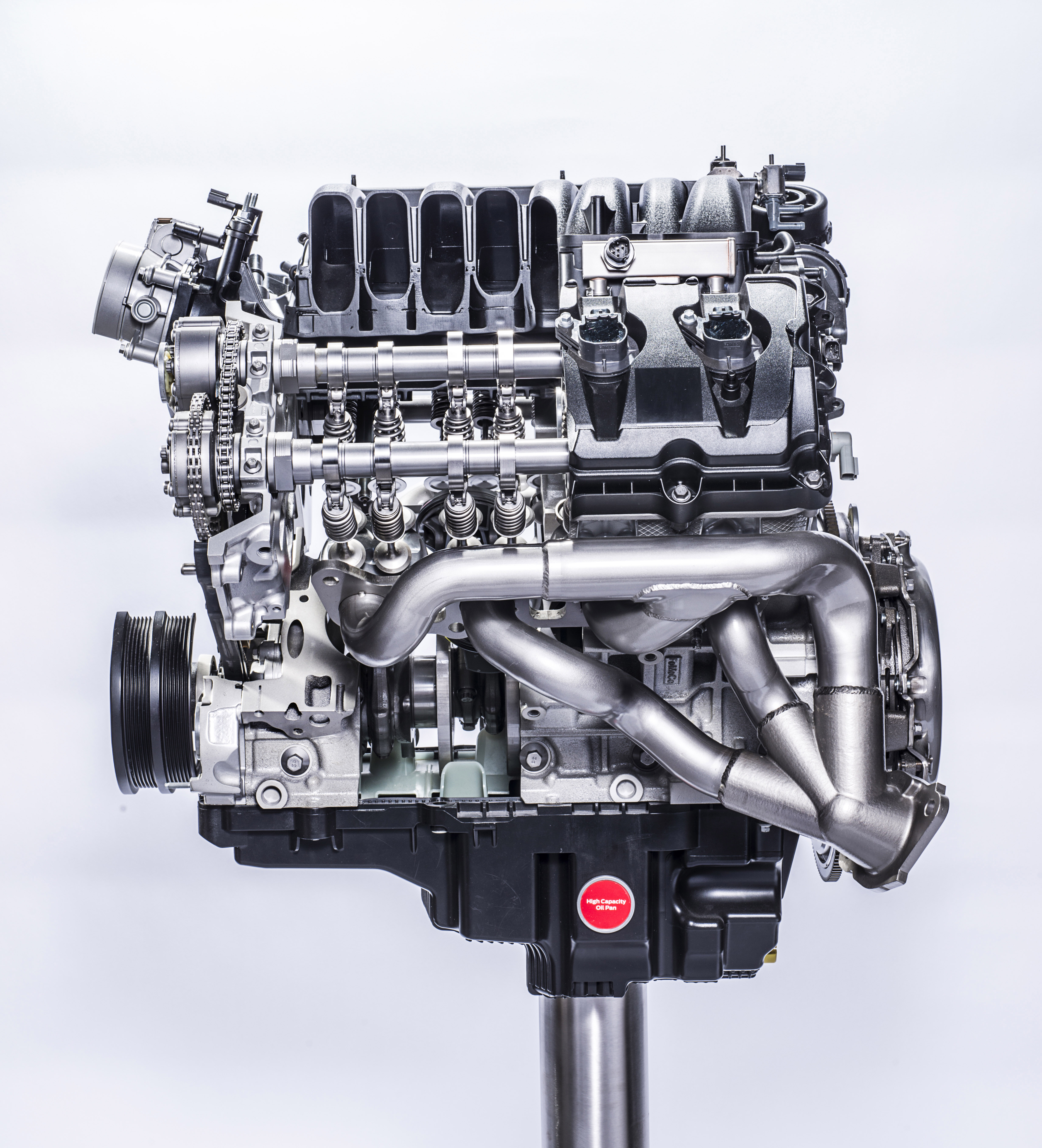 The all-new Ford 5.2-liter flat-plane crankshaft V8 found in the Shelby GT350 and GT350R Mustang will produce 526 horsepower and 429 lb.-ft. of torque. At 102 horsepower per liter, the engine is both the most power-dense and the most powerful naturally aspirated road-going engine in Ford history