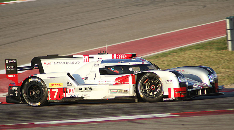The Audi R18 E-Tron Quattro races at the 2015 Lone Star Le Mans.