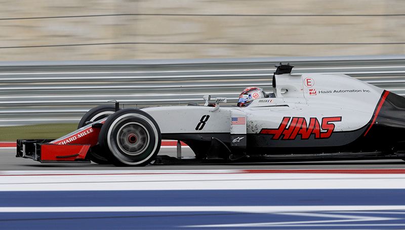 Haas driver Romain Grosjean, of France, steers his car during the Formula One U.S. Grand Prix auto race at the Circuit of the Americas, Sunday, Oct. 23, 2016, in Austin, Texas.