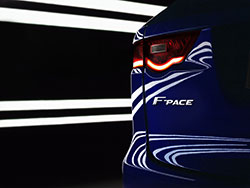 A close-up of the badge on the coming performance crossover from Jaguar; the F-Pace.