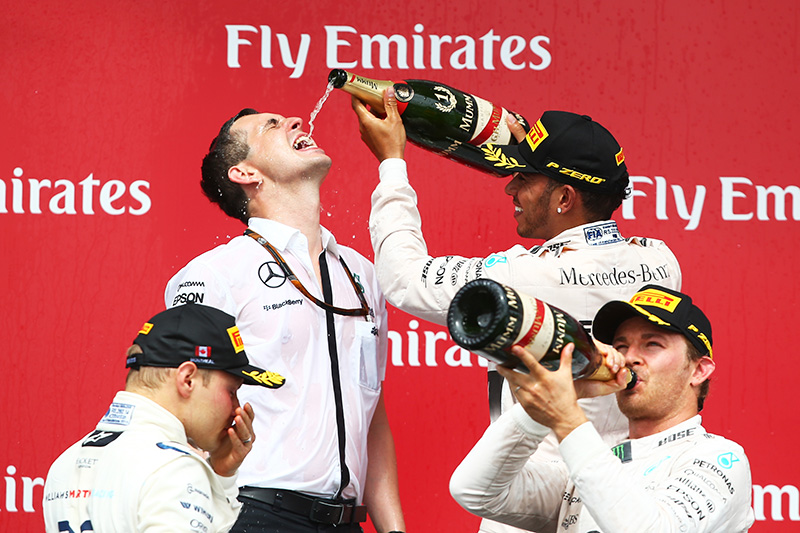 The podium celebrations at the 2015 Canadian F1 grand prix.