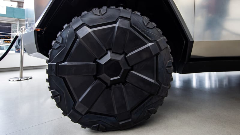 details of tesla s cybertruck wheel are pictured at manhattan s meatpacking district in new york city