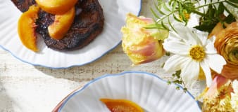 Take dinner outside with grilled pork chops with whole pickled peaches
