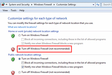 Turn off Windows Firewall